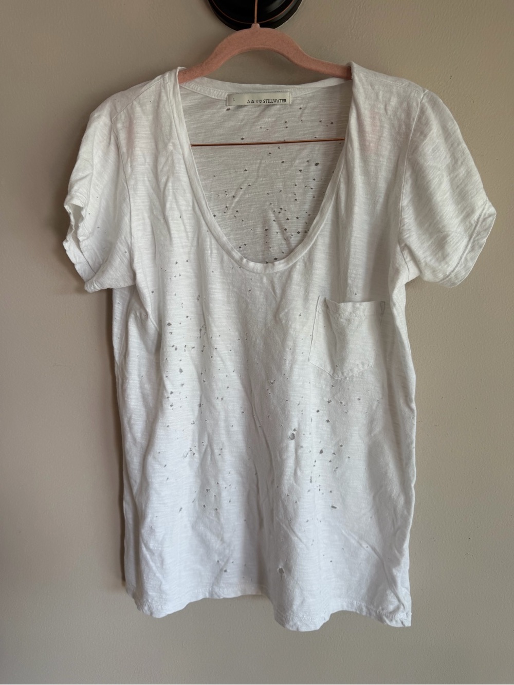 Stillwater White Slub Cotton Distressed Grunge Scoop Neck Pocket Tee L